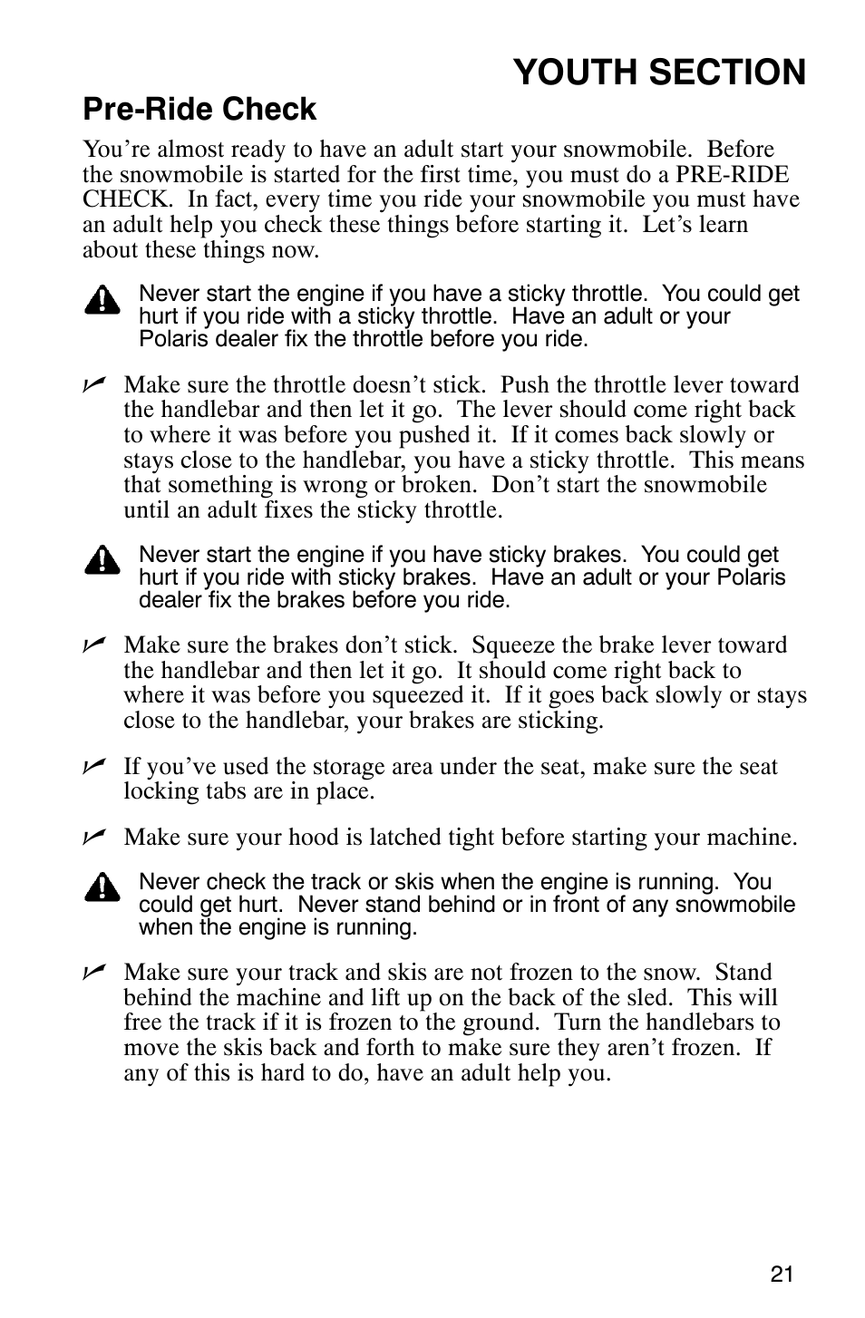 Pre-ride check | Polaris 120 User Manual | Page 24 / 99