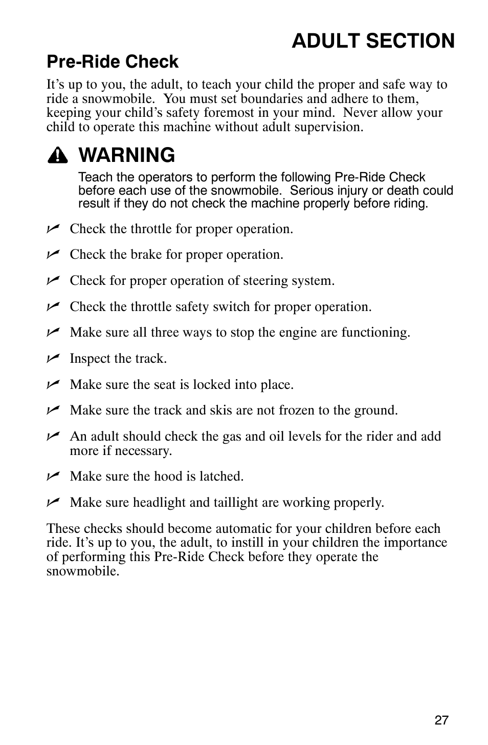 Warning, Pre-ride check | Polaris 120 User Manual | Page 30 / 99