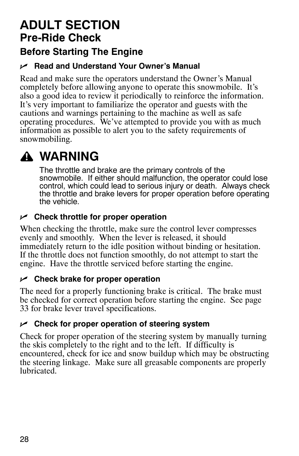 Warning, Pre-ride check | Polaris 120 User Manual | Page 31 / 99