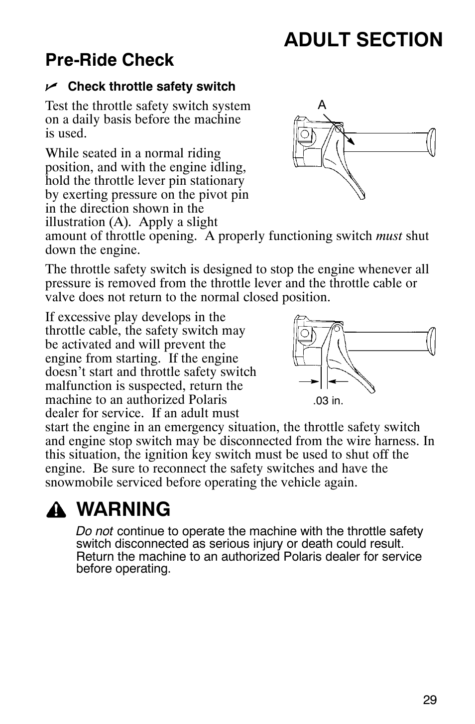 Warning, Pre-ride check | Polaris 120 User Manual | Page 32 / 99