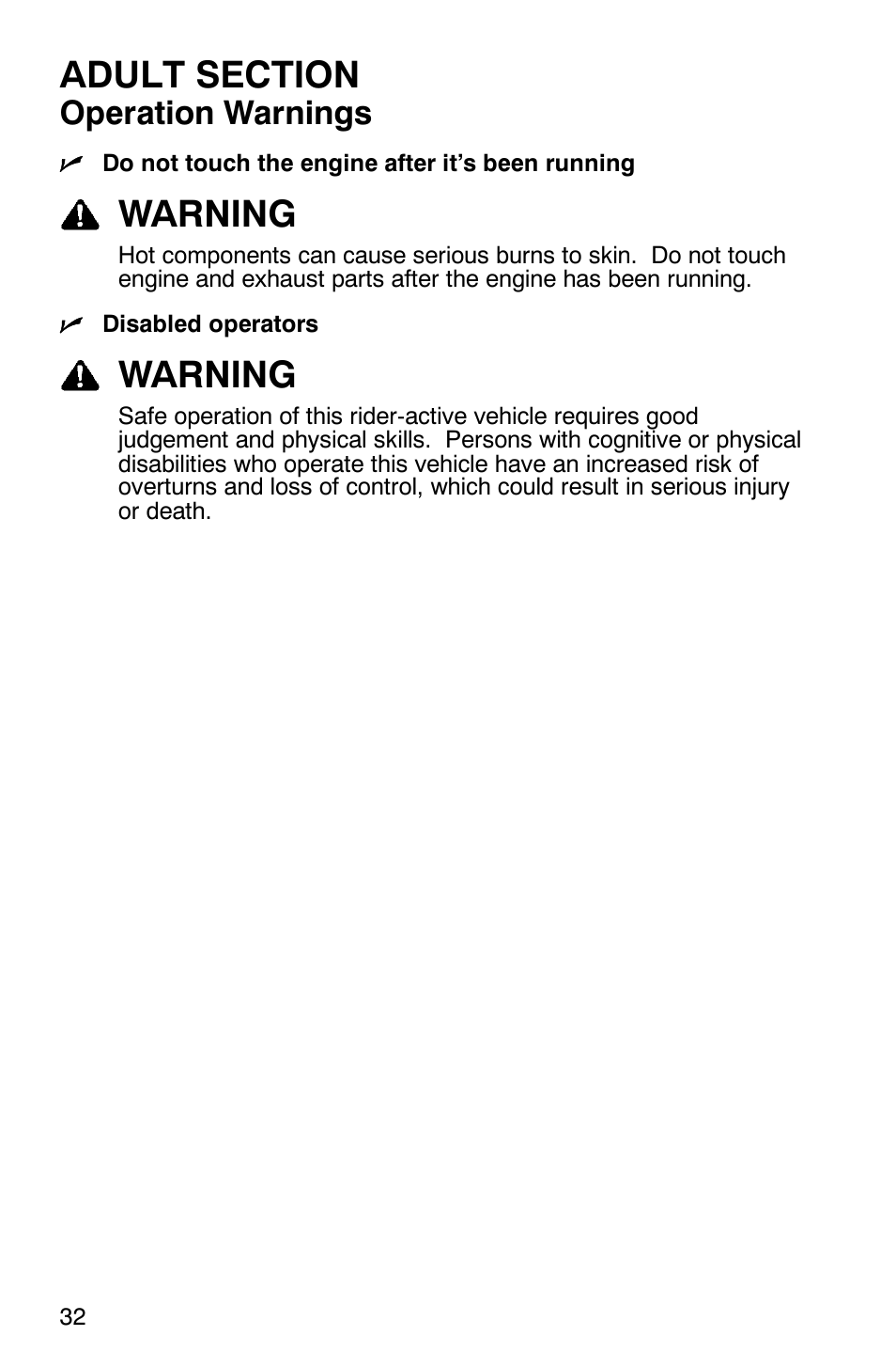 Warning, Operation warnings | Polaris 120 User Manual | Page 35 / 99