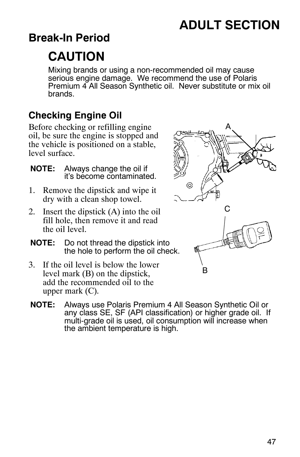 Caution, Break-in period | Polaris 120 User Manual | Page 50 / 99