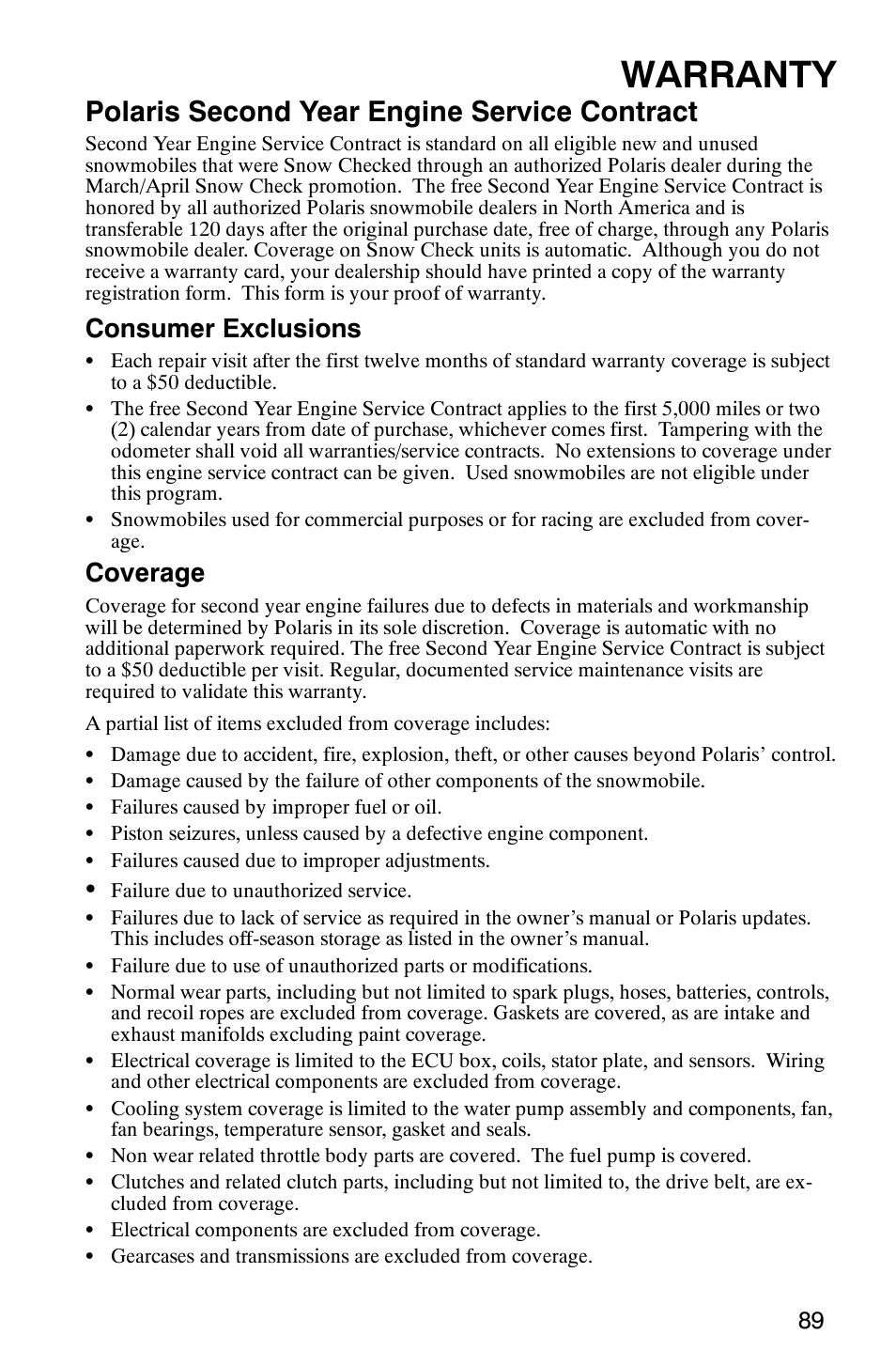 Warranty, Polaris second year engine service contract, Consumer exclusions | Coverage | Polaris 120 User Manual | Page 92 / 99