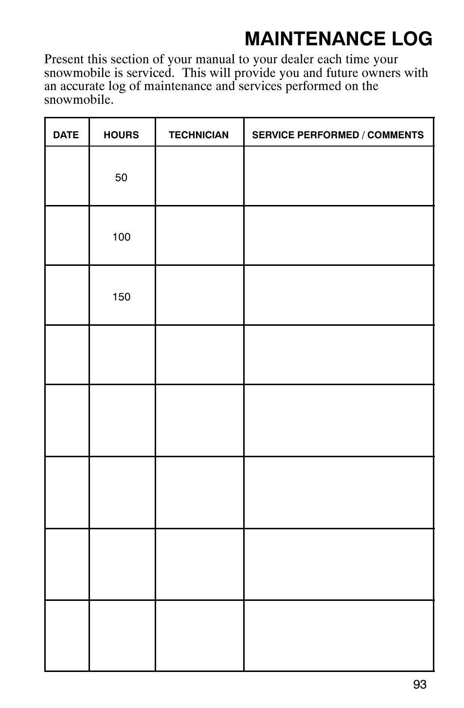 Maintenance log | Polaris 120 User Manual | Page 96 / 99