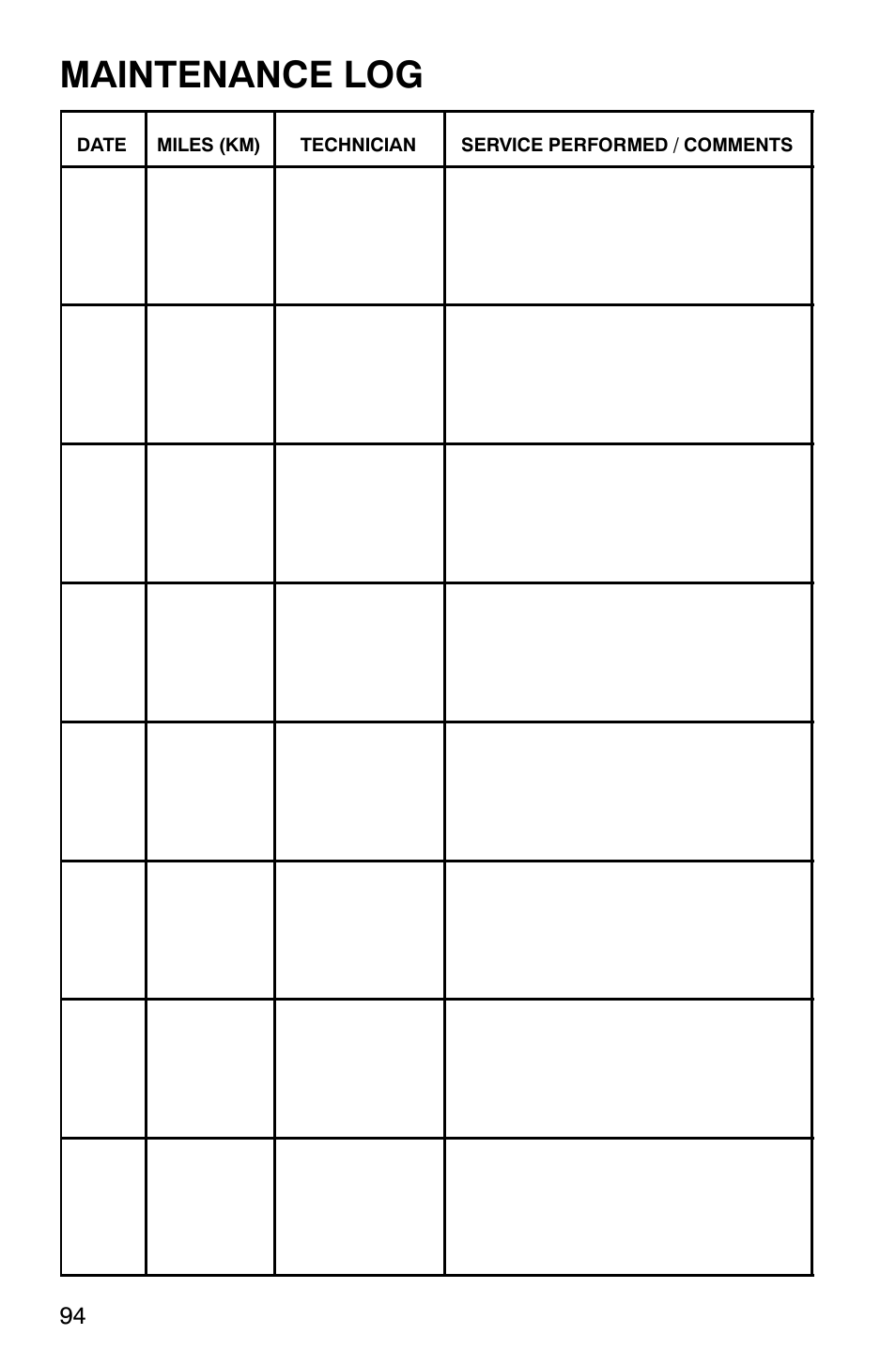 Maintenance log | Polaris 120 User Manual | Page 97 / 99