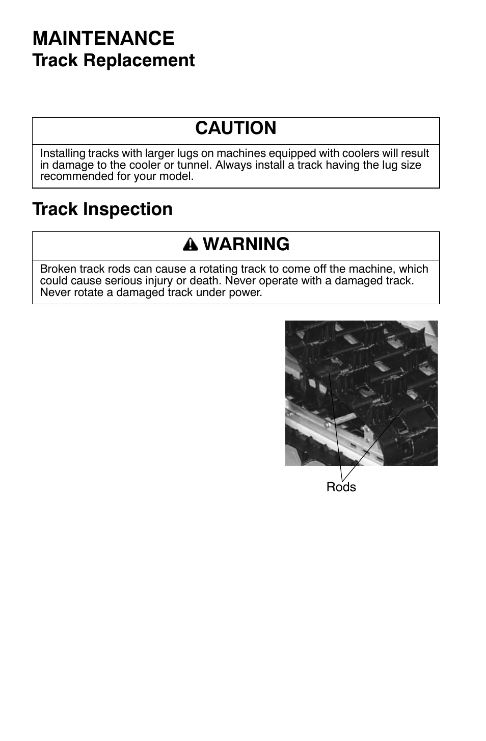 Maintenance, Track replacement, Track inspection | Caution, Warning | Polaris 700 Dragon RMK User Manual | Page 103 / 135