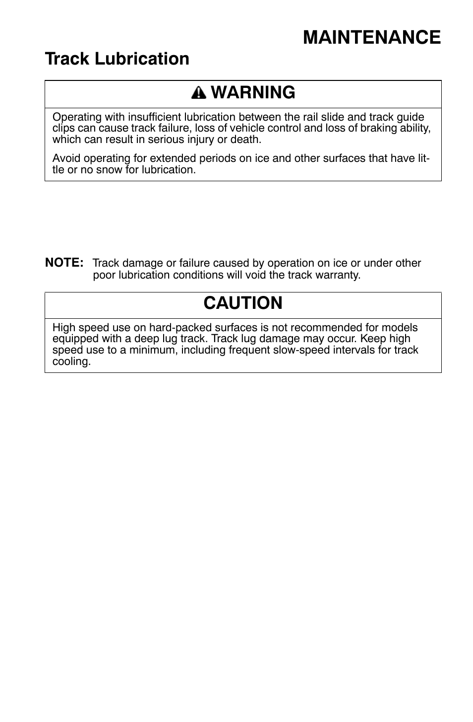 Maintenance, Track lubrication, Warning | Caution | Polaris 700 Dragon RMK User Manual | Page 104 / 135