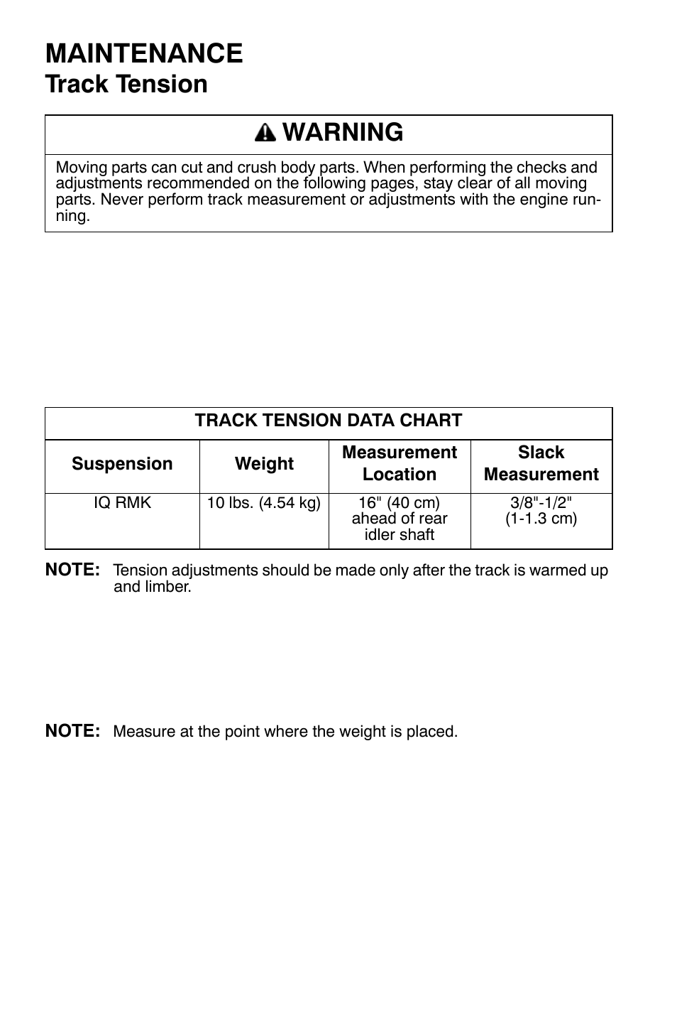 Maintenance, Track tension, Warning | Polaris 700 Dragon RMK User Manual | Page 105 / 135