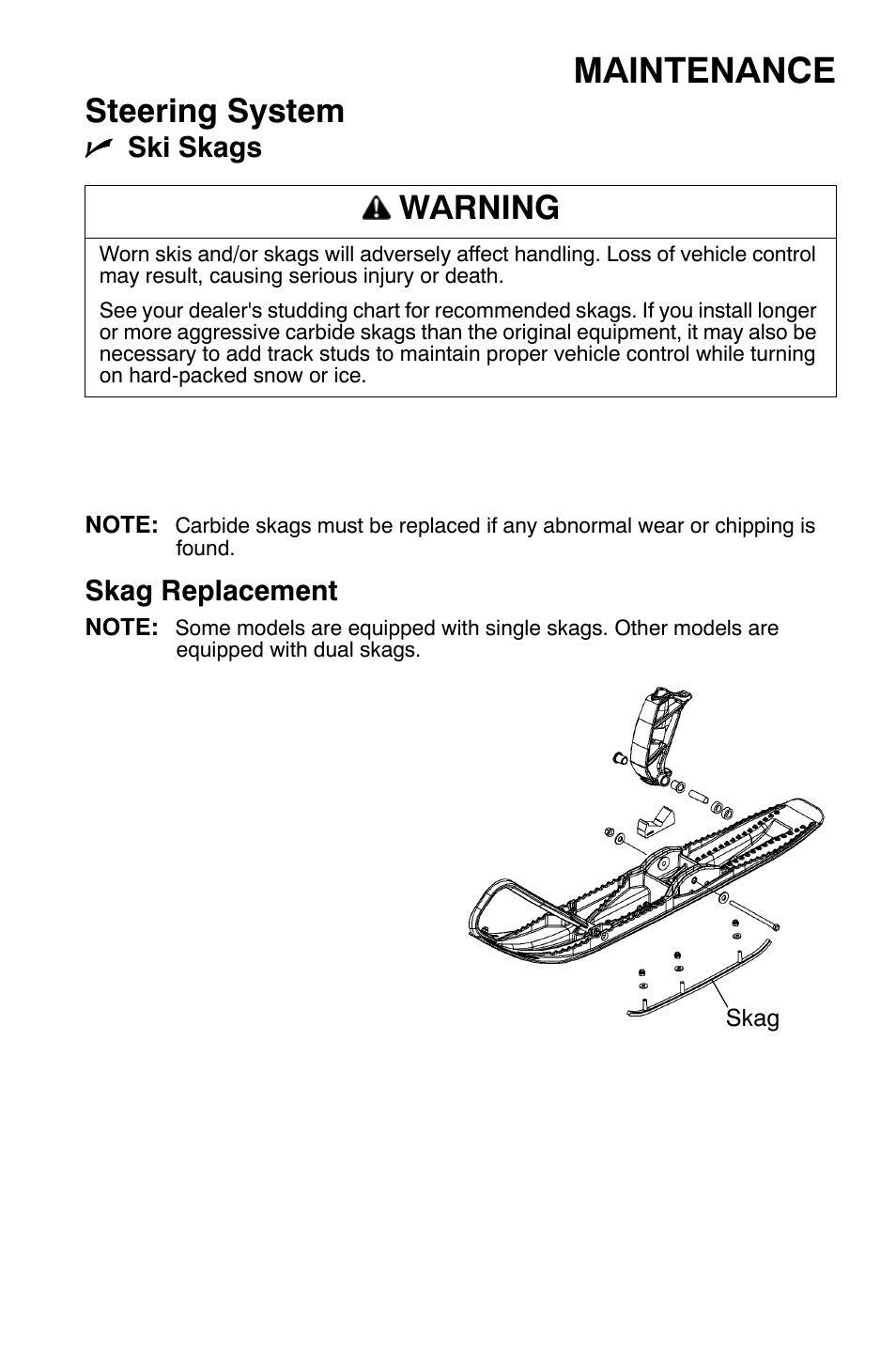 Maintenance, Steering system, Warning | Nski skags, Skag replacement | Polaris 700 Dragon RMK User Manual | Page 110 / 135