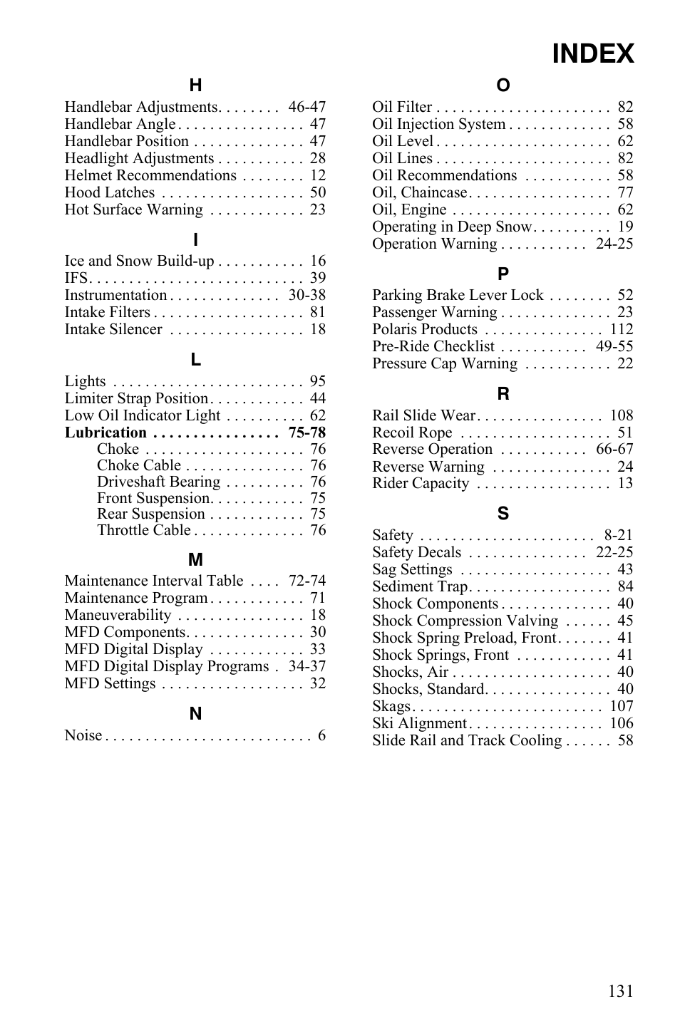 Index | Polaris 700 Dragon RMK User Manual | Page 134 / 135