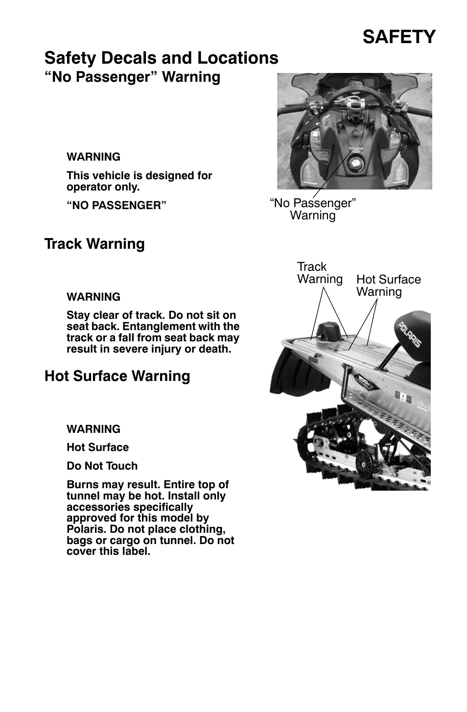 Safety, Safety decals and locations, No passenger” warning | Track warning, Hot surface warning | Polaris 700 Dragon RMK User Manual | Page 26 / 135