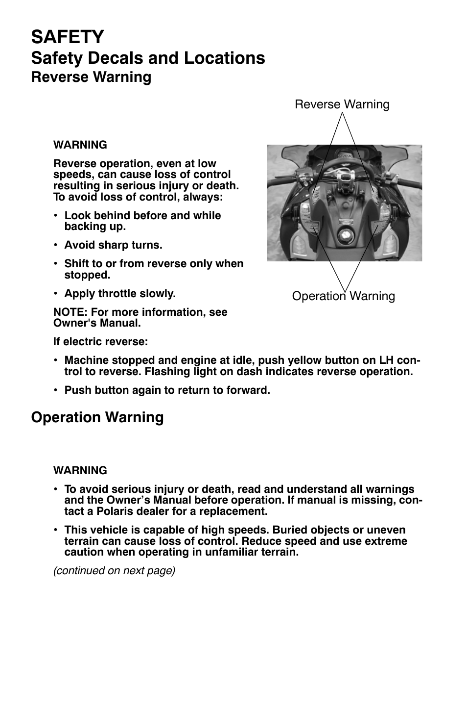 Safety, Safety decals and locations, Reverse warning | Operation warning | Polaris 700 Dragon RMK User Manual | Page 27 / 135