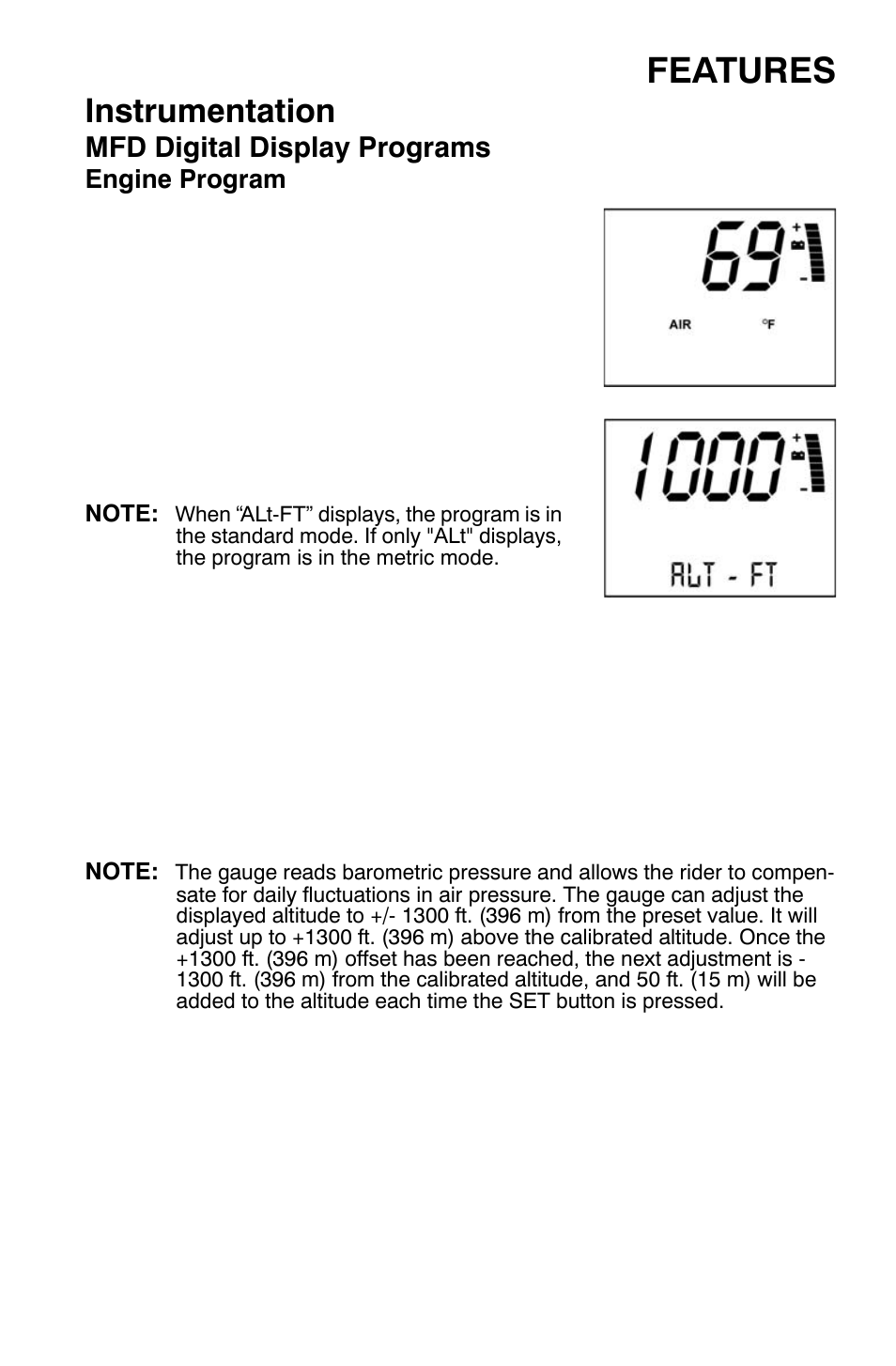 Features, Instrumentation, Mfd digital display programs | Polaris 700 Dragon RMK User Manual | Page 38 / 135