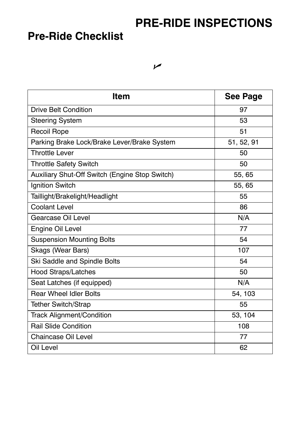 Pre-ride inspections, Pre-ride checklist | Polaris 700 Dragon RMK User Manual | Page 52 / 135