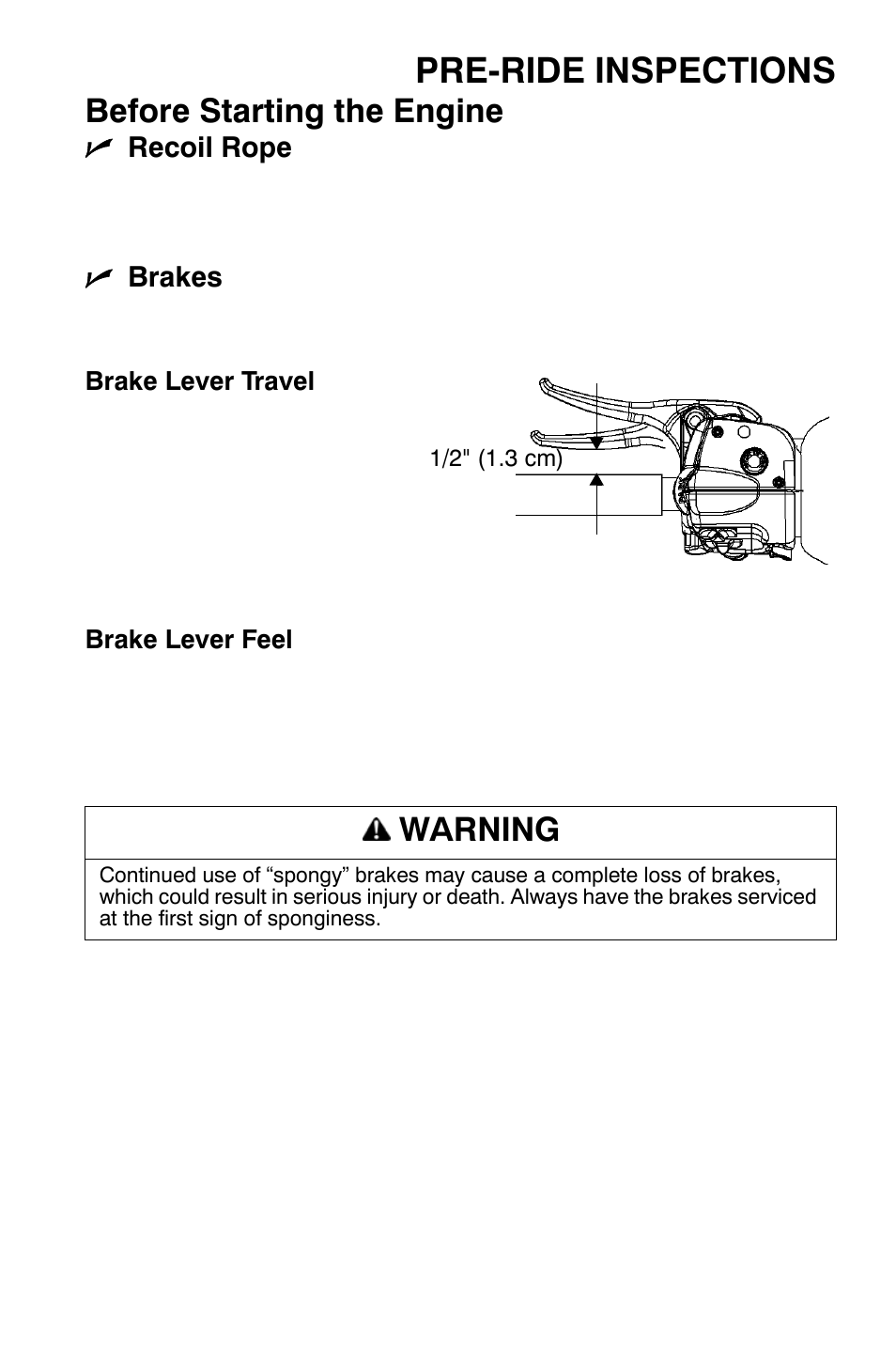 Pre-ride inspections, Before starting the engine, Warning | Polaris 700 Dragon RMK User Manual | Page 54 / 135