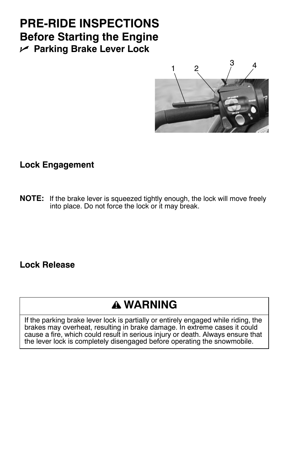 Pre-ride inspections, Before starting the engine, Warning | Polaris 700 Dragon RMK User Manual | Page 55 / 135