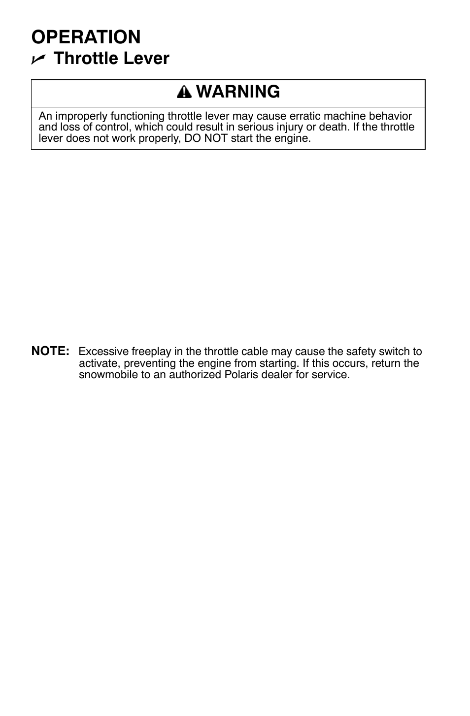 Operation, Throttle lever, Warning | Polaris 700 Dragon RMK User Manual | Page 67 / 135