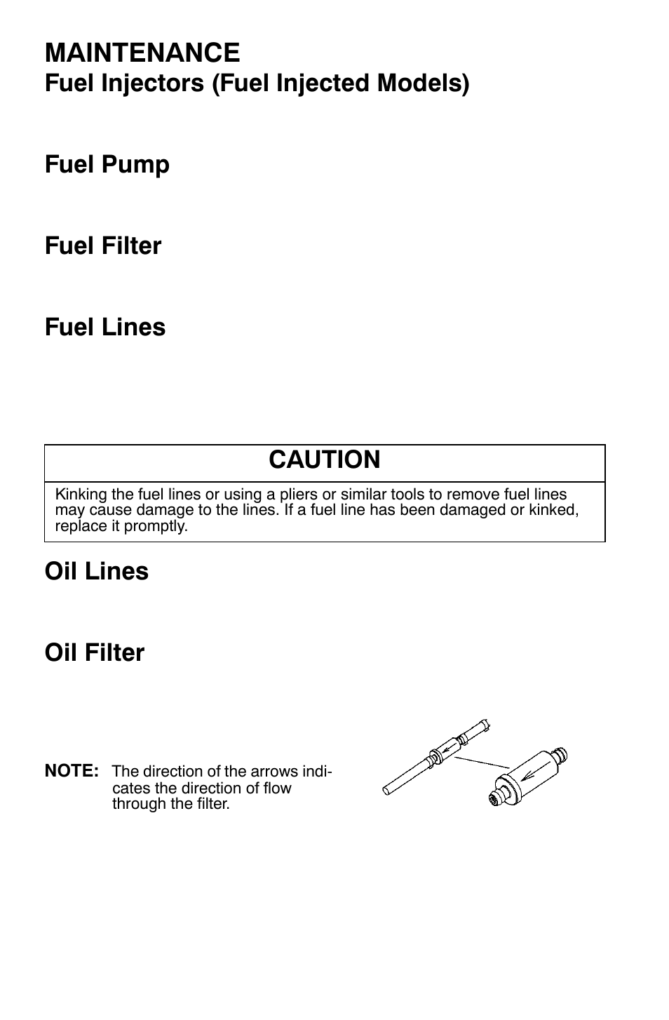 Maintenance, Fuel injectors (fuel injected models), Fuel pump | Fuel filter, Fuel lines, Oil lines, Oil filter, Caution | Polaris 700 Dragon RMK User Manual | Page 85 / 135