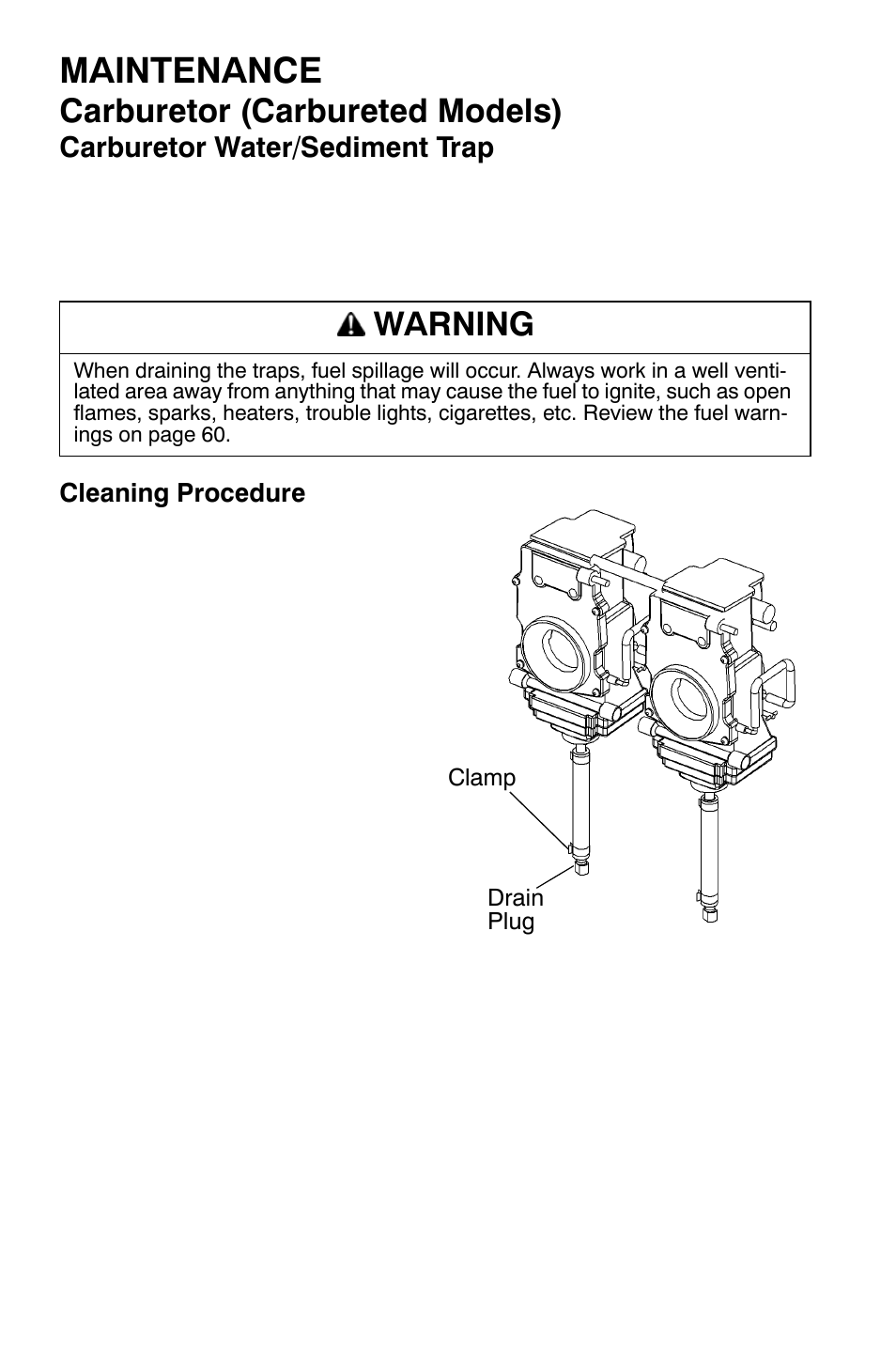 Maintenance, Carburetor (carbureted models), Warning | Polaris 700 Dragon RMK User Manual | Page 87 / 135