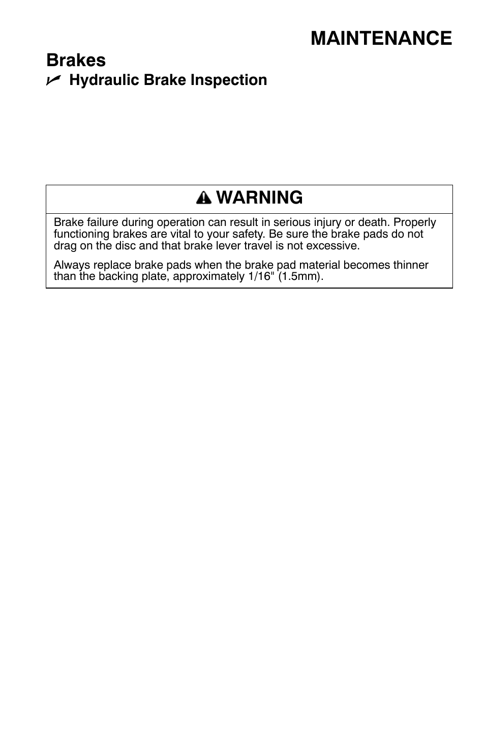 Maintenance, Brakes, Warning | Polaris 700 Dragon RMK User Manual | Page 94 / 135