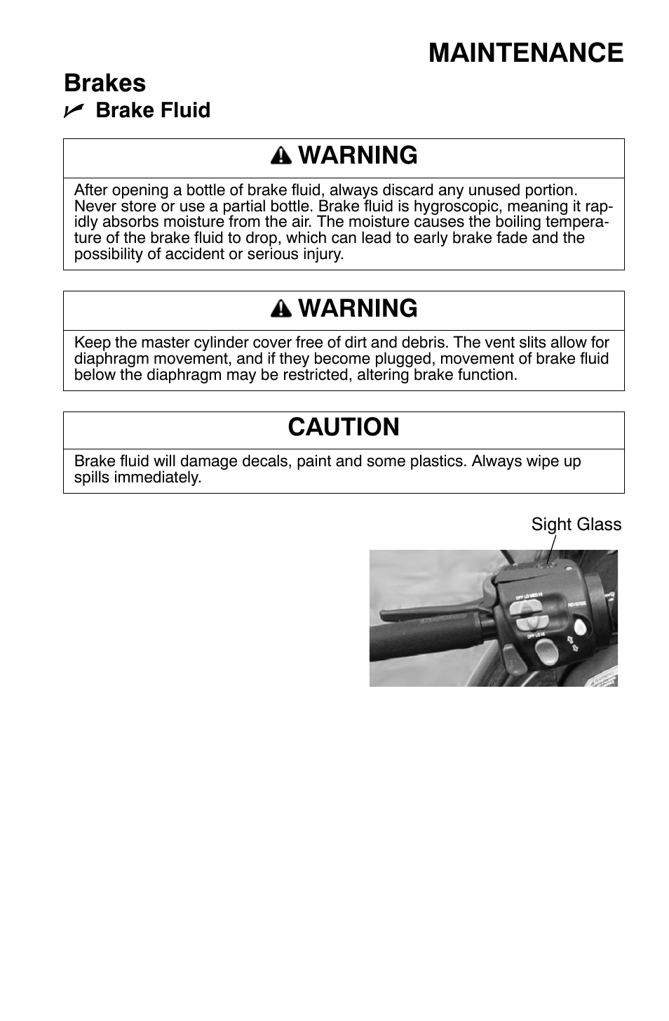 Maintenance, Brakes, Warning | Caution | Polaris 700 Dragon RMK User Manual | Page 96 / 135