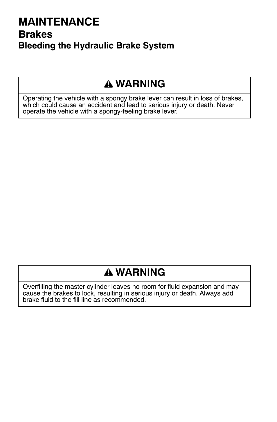 Maintenance, Brakes, Warning | Polaris 700 Dragon RMK User Manual | Page 97 / 135