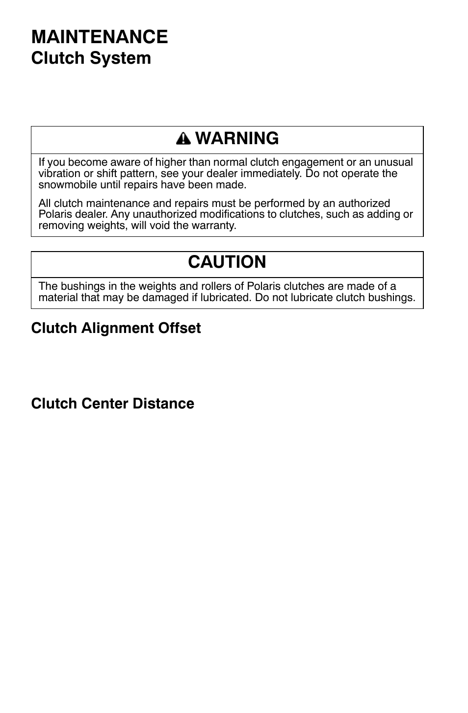 Maintenance, Clutch system, Warning | Caution | Polaris 700 Dragon RMK User Manual | Page 99 / 135