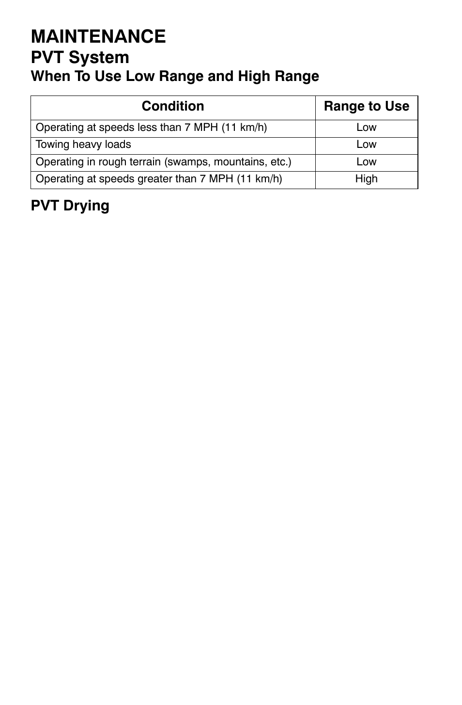 Maintenance, Pvt system, When to use low range and high range pvt drying | Polaris Sportsman 800 X2 User Manual | Page 115 / 148