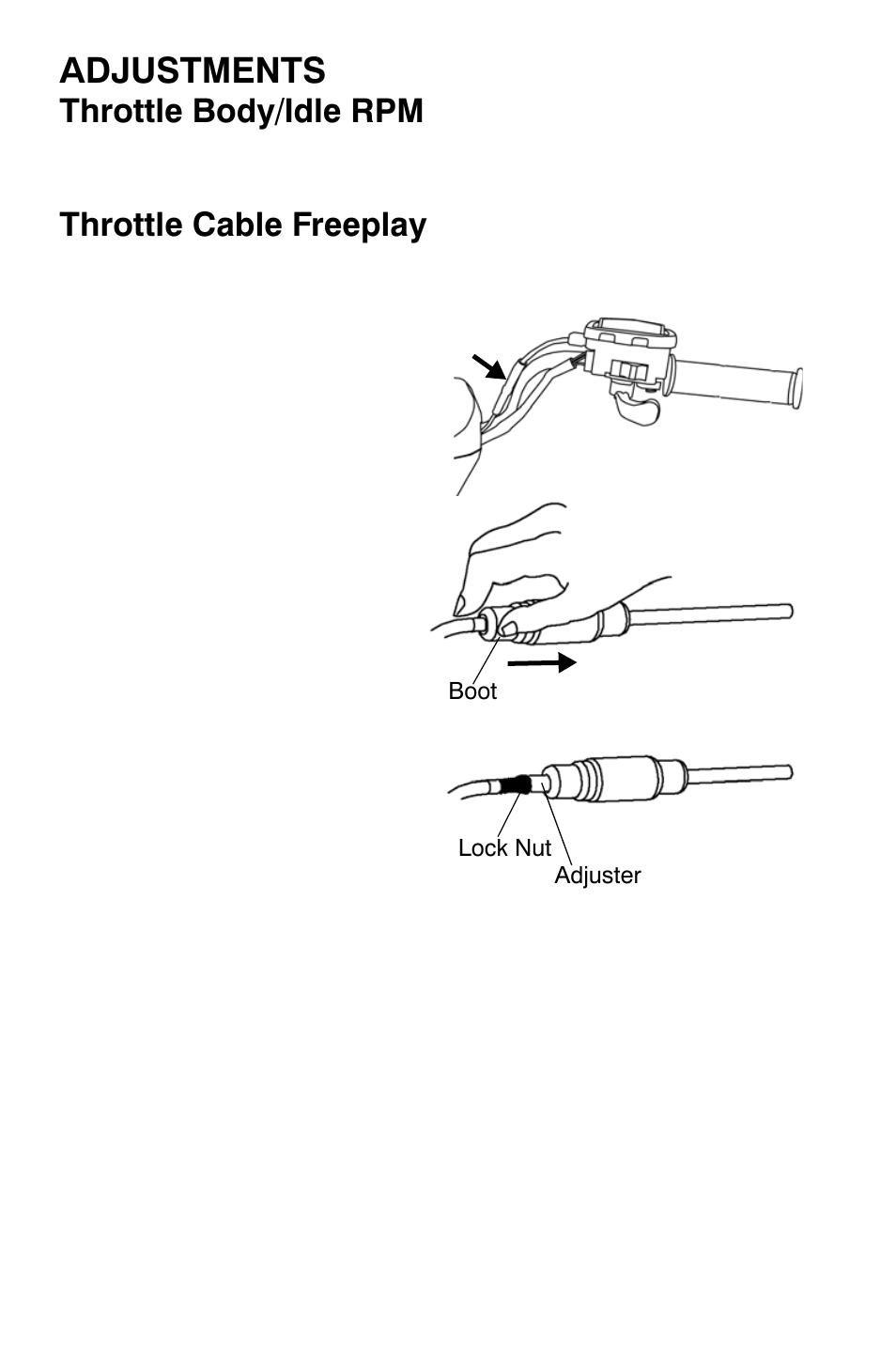 Adjustments, Throttle body/idle rpm, Throttle cable freeplay | Polaris Sportsman 800 X2 User Manual | Page 131 / 148