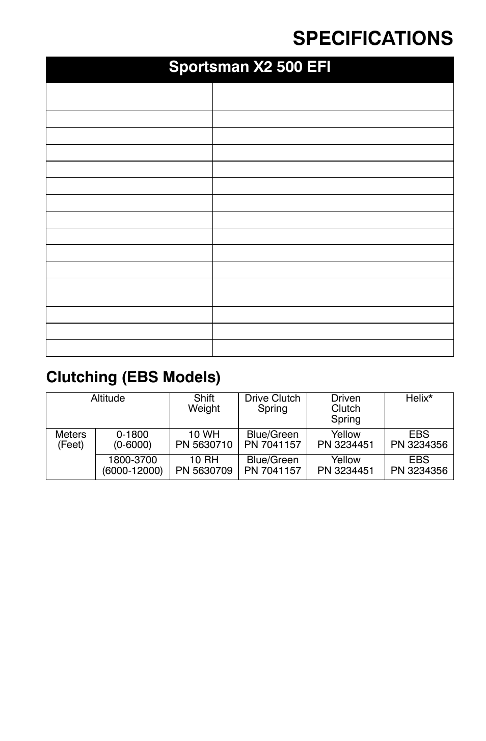 Specifications, Clutching (ebs models), Sportsman x2 500 efi | Polaris Sportsman 800 X2 User Manual | Page 138 / 148