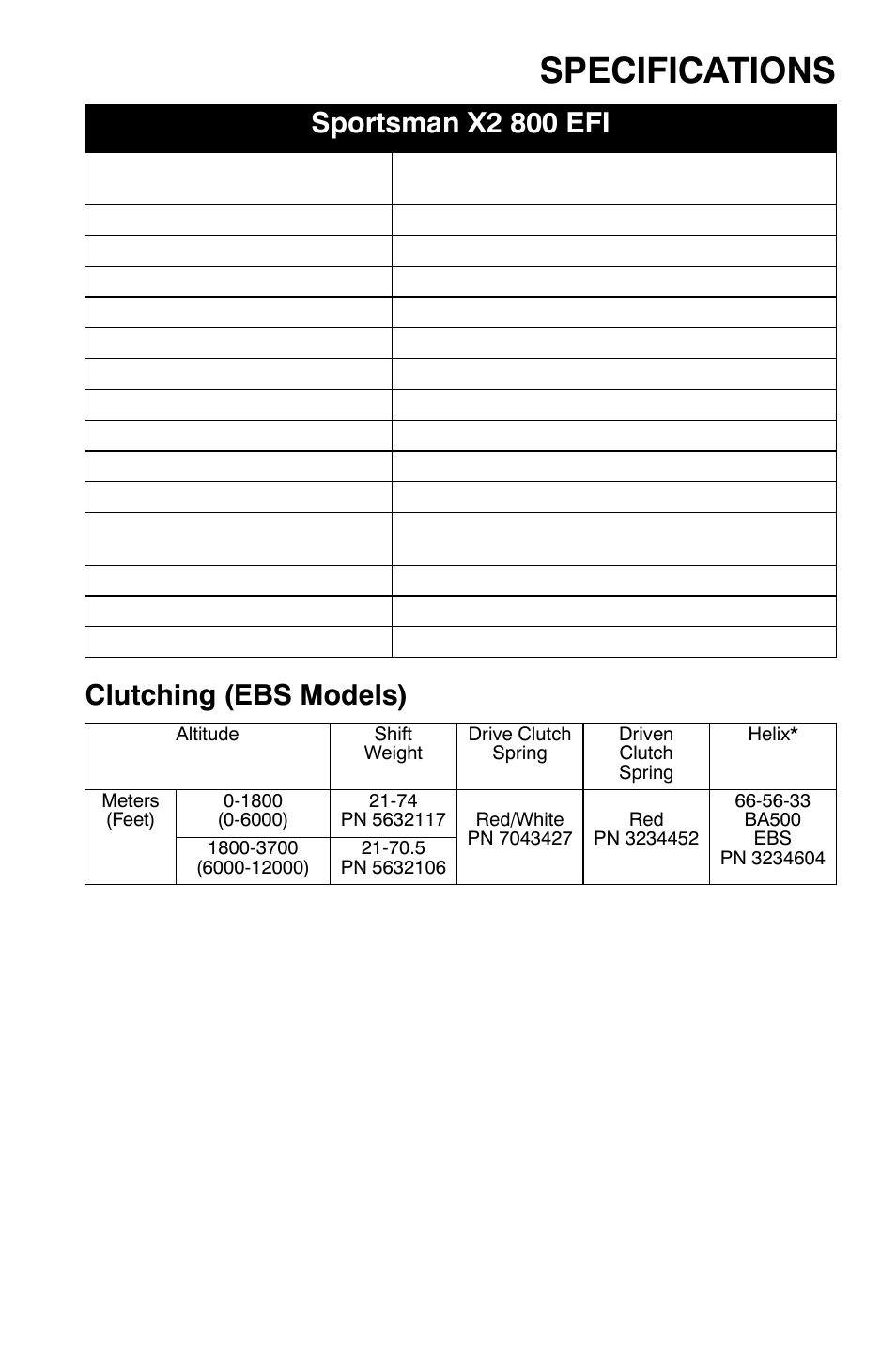 Specifications, Clutching (ebs models), Sportsman x2 800 efi | Polaris Sportsman 800 X2 User Manual | Page 140 / 148