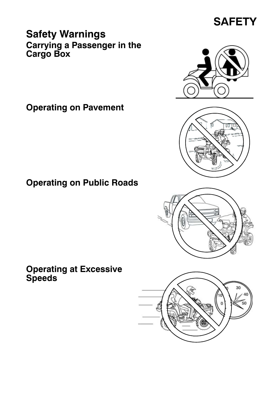 Safety, Safety warnings | Polaris Sportsman 800 X2 User Manual | Page 16 / 148