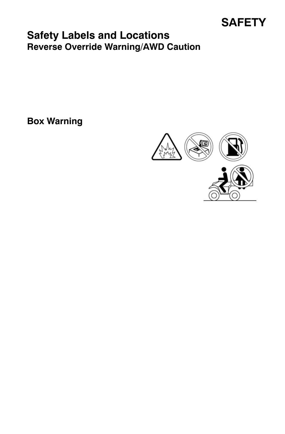 Safety, Safety labels and locations, Reverse override warning/awd caution | Box warning | Polaris Sportsman 800 X2 User Manual | Page 30 / 148