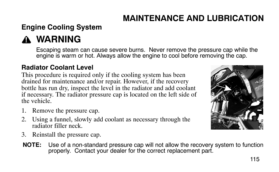 Warning, Maintenance and lubrication | Polaris Outlaw User Manual | Page 118 / 200