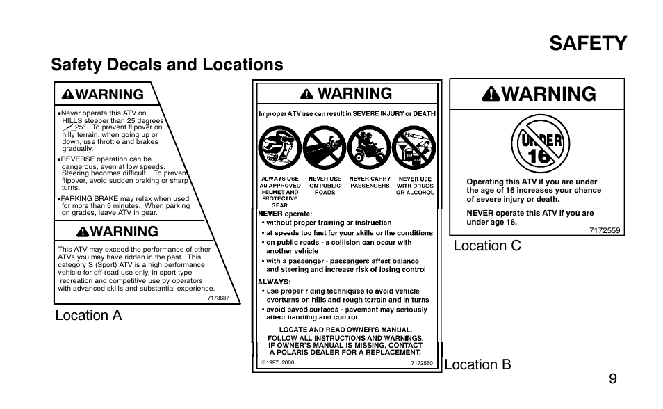 Safety, Safety decals and locations, Warning | Location b location c, Location a warning | Polaris Outlaw User Manual | Page 12 / 200