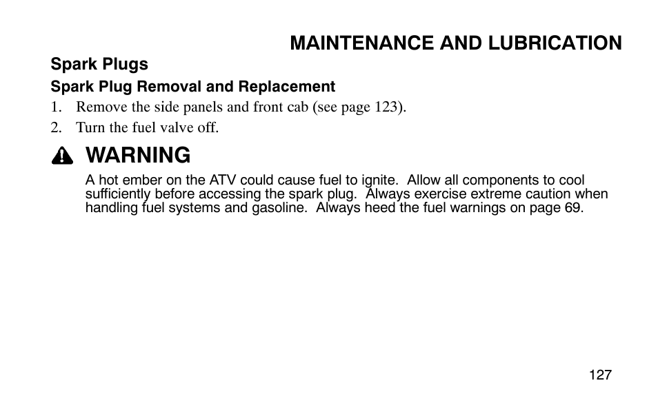 Warning, Maintenance and lubrication | Polaris Outlaw User Manual | Page 130 / 200