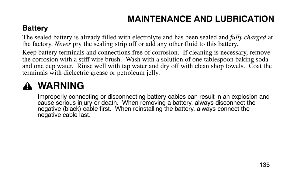 Warning, Maintenance and lubrication | Polaris Outlaw User Manual | Page 138 / 200
