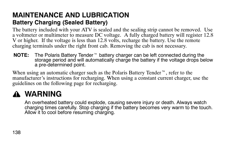 Warning, Maintenance and lubrication | Polaris Outlaw User Manual | Page 141 / 200