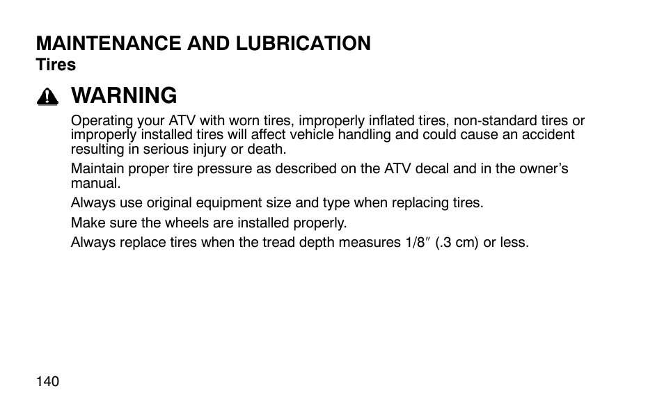 Warning, Maintenance and lubrication | Polaris Outlaw User Manual | Page 143 / 200