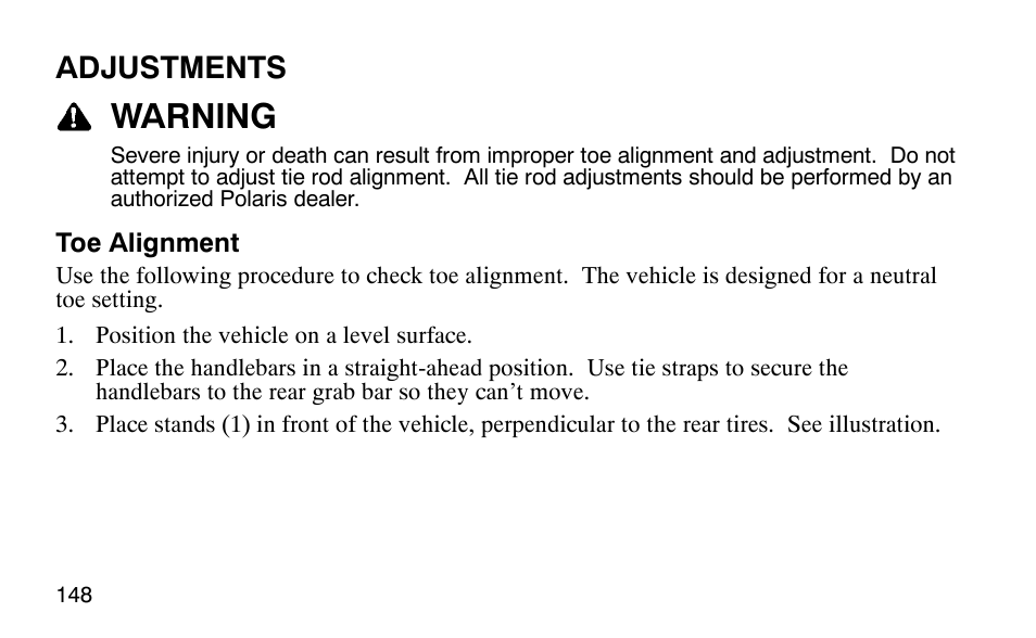 Warning, Adjustments | Polaris Outlaw User Manual | Page 151 / 200