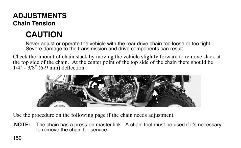 Caution, Adjustments | Polaris Outlaw User Manual | Page 153 / 200