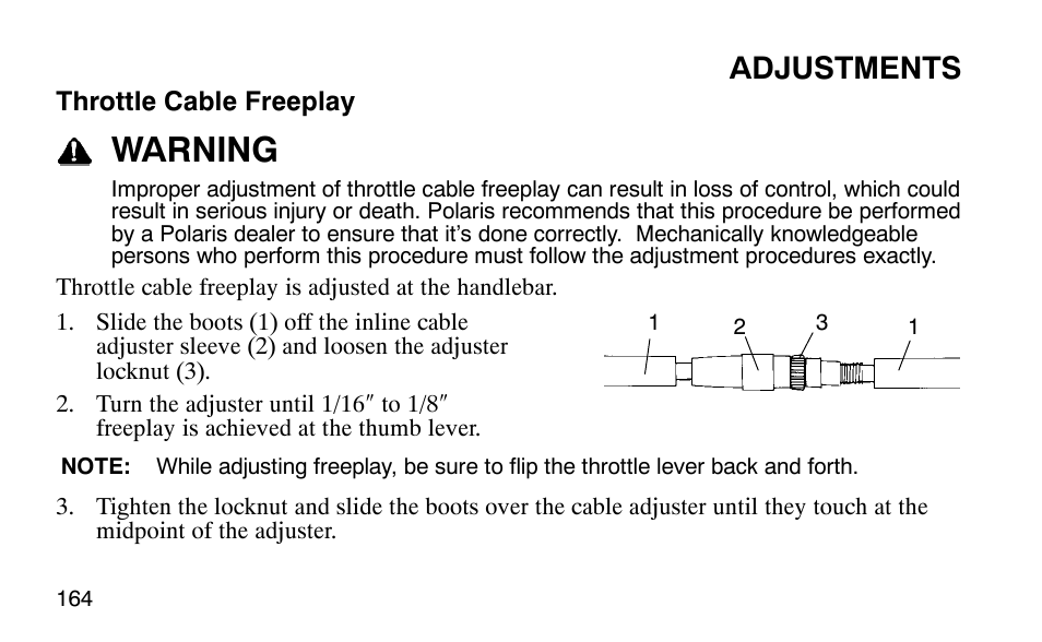 Warning, Adjustments | Polaris Outlaw User Manual | Page 167 / 200