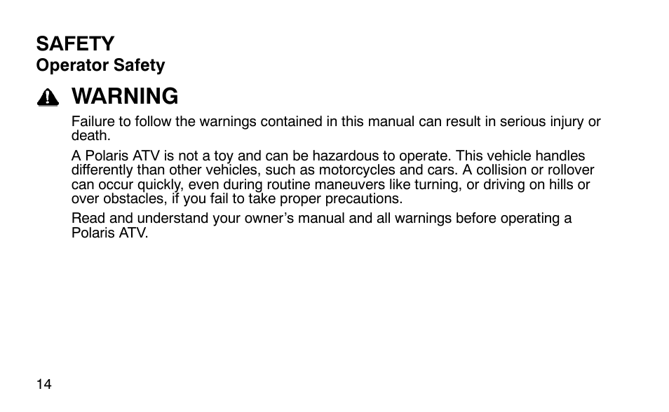 Warning, Safety | Polaris Outlaw User Manual | Page 17 / 200