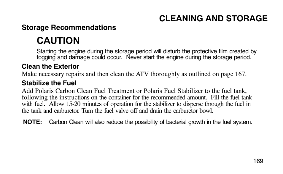 Caution, Cleaning and storage | Polaris Outlaw User Manual | Page 172 / 200