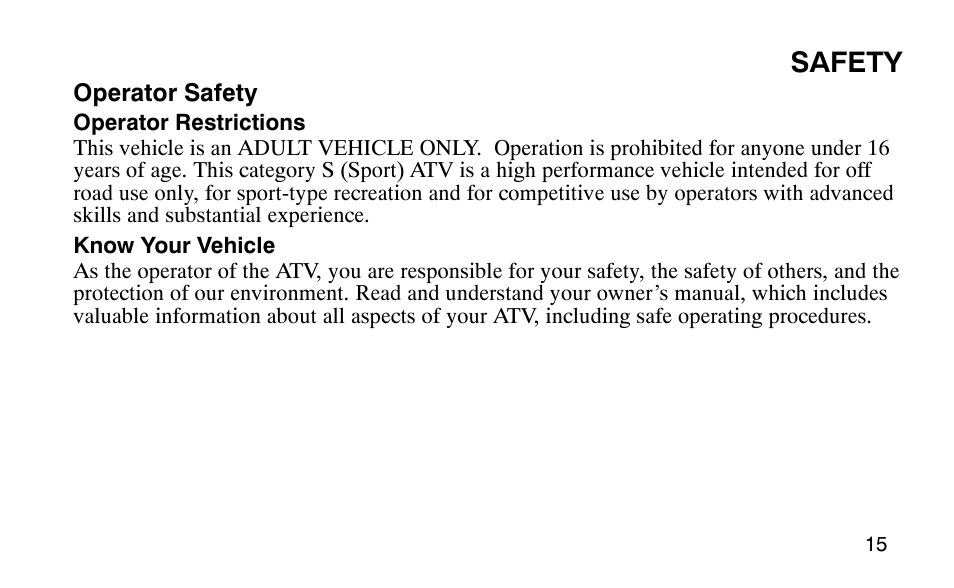 Safety | Polaris Outlaw User Manual | Page 18 / 200