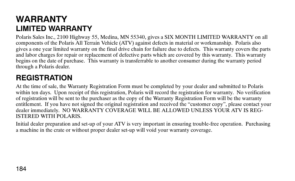 Warranty, Limited warranty, Registration | Polaris Outlaw User Manual | Page 187 / 200