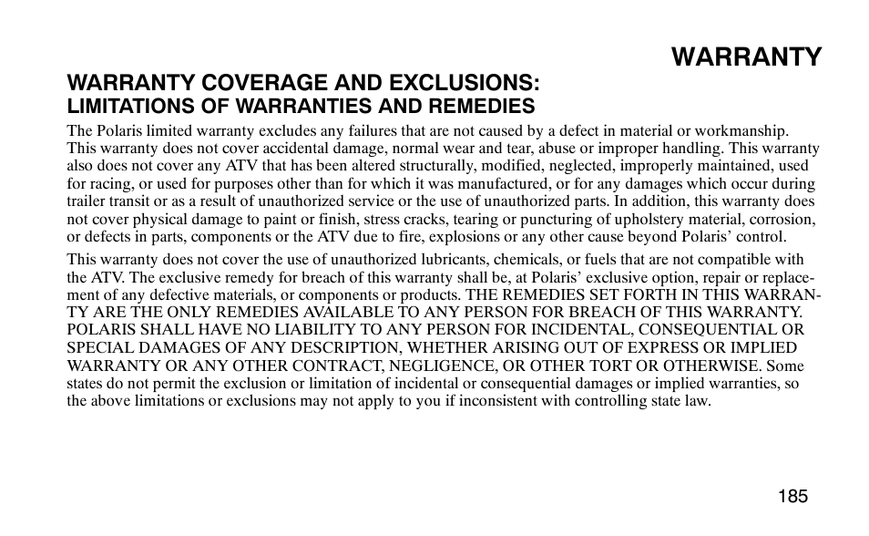 Warranty, Warranty coverage and exclusions | Polaris Outlaw User Manual | Page 188 / 200