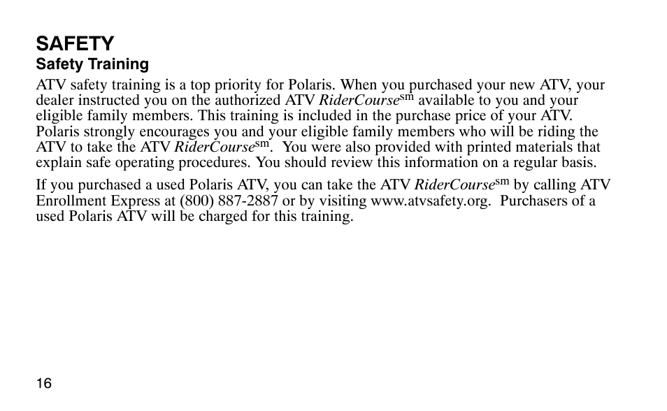 Safety | Polaris Outlaw User Manual | Page 19 / 200