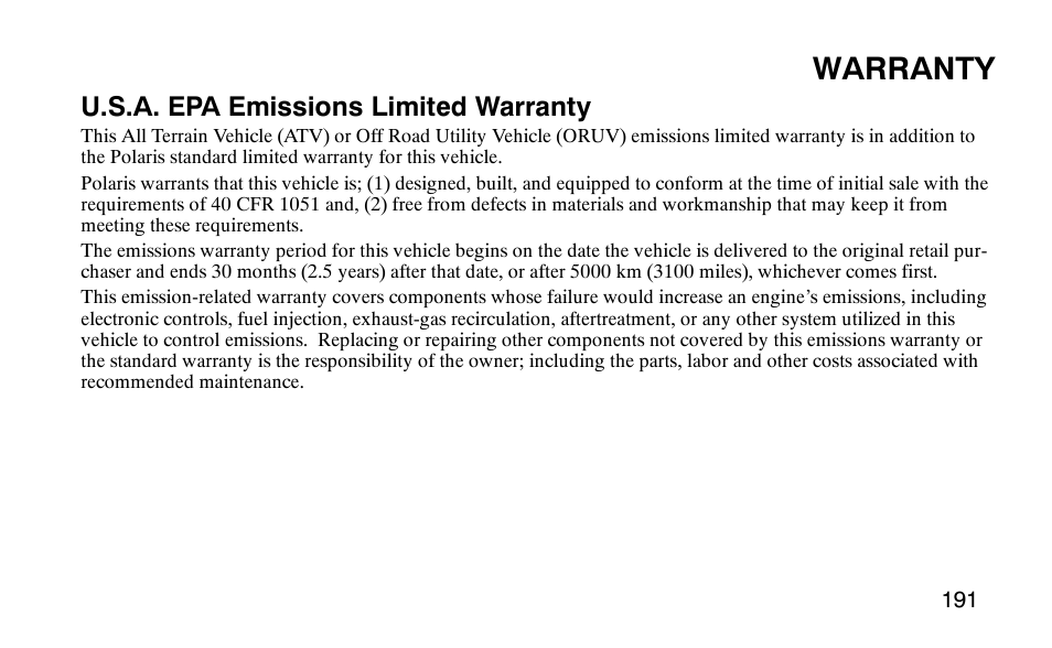Warranty, U.s.a. epa emissions limited warranty | Polaris Outlaw User Manual | Page 194 / 200