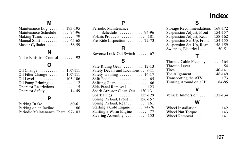 Index | Polaris Outlaw User Manual | Page 200 / 200